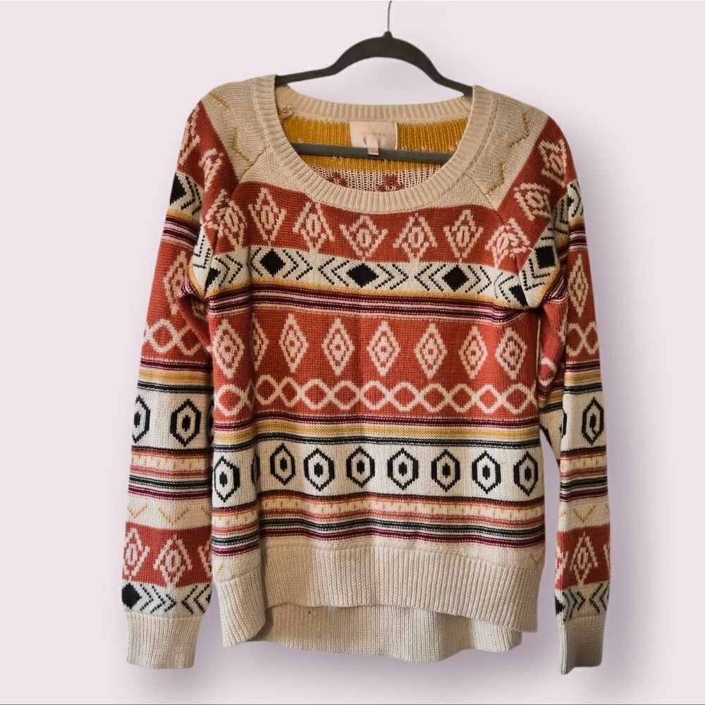 Skies Are Blue Womens Geometric Sweater Cream and Burnt Orange Size Large | EUC
